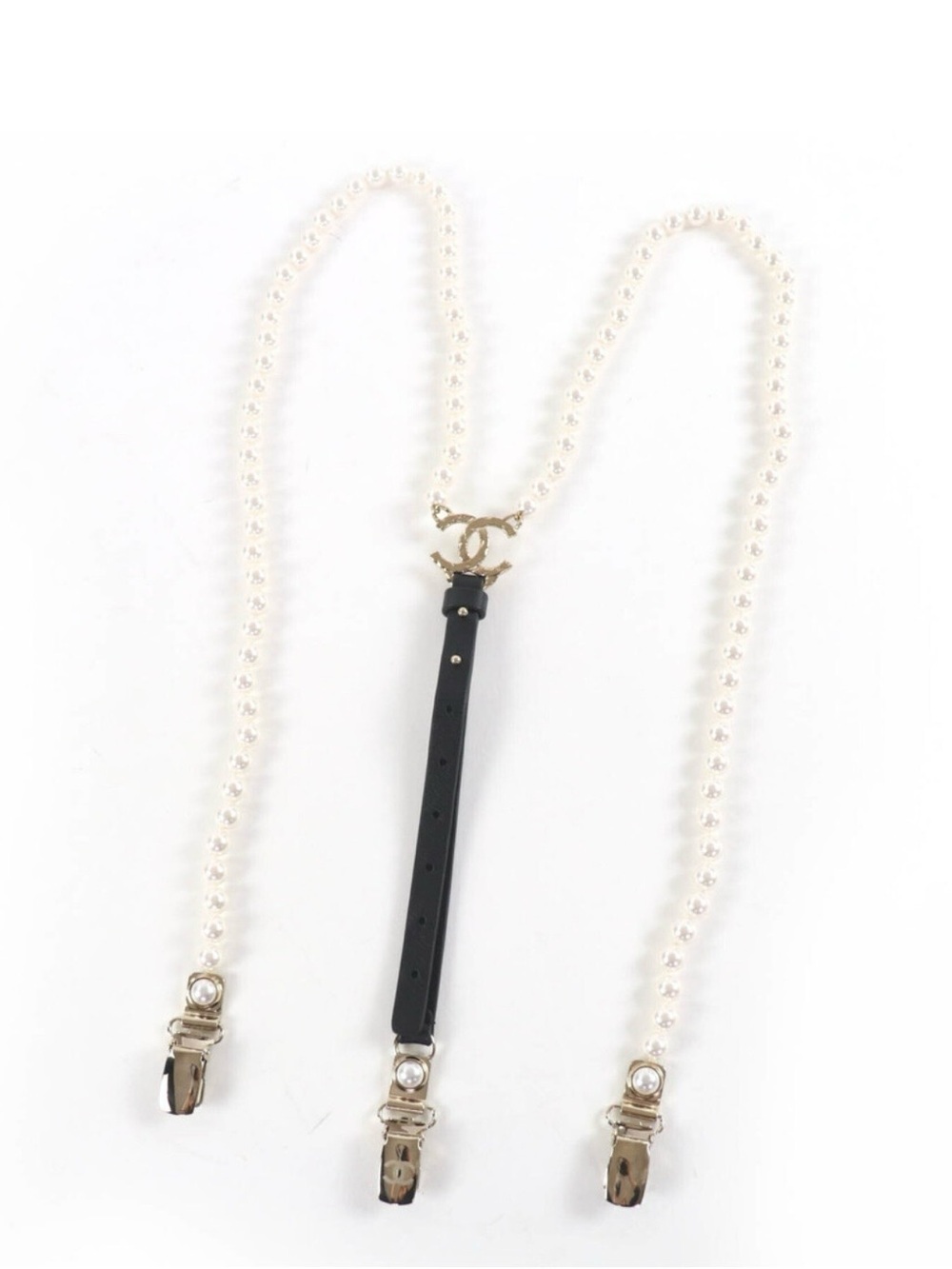 Chanel Faux Pearl Leather Belt Suspenders Ivory Black Gold Hardware Size S